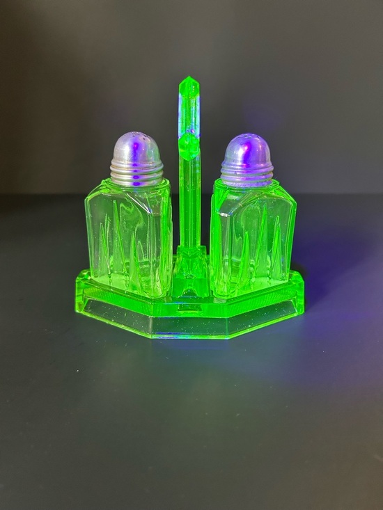 Other - Vaseline Green Uranium Glass Salt & Pepper Shakers with Caddy Art Deco
